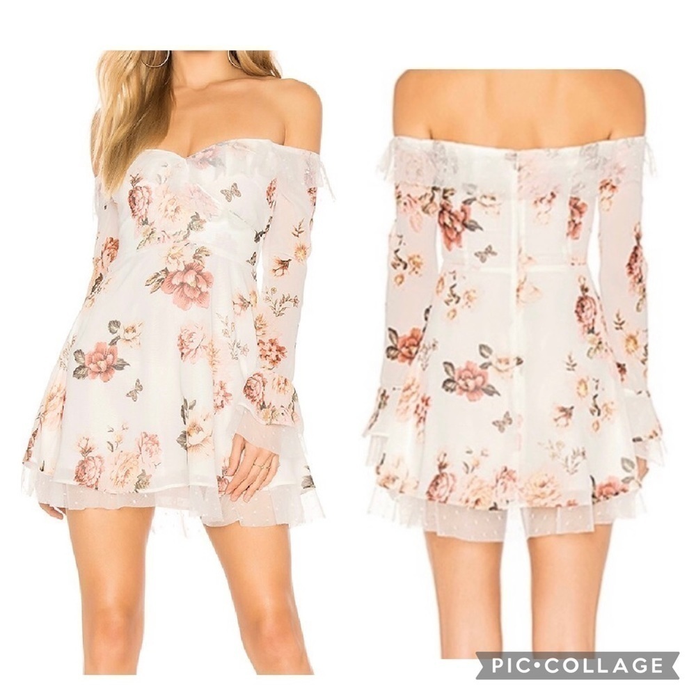 MAJORELLE REVOLVE Women’s SCOUT Bell Sleeve Dress WHITE ZINNIA Tulle Details S